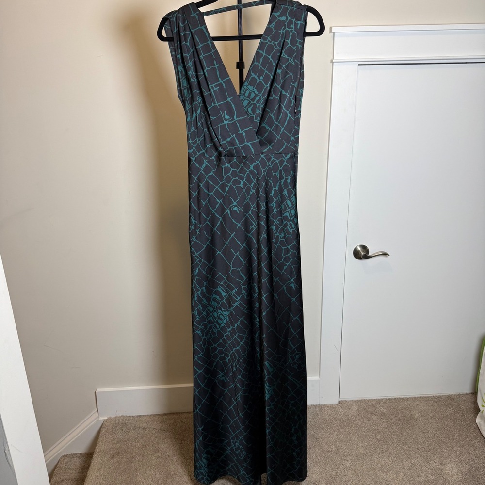 Reiss Maxi Dress Womens 4 Teal Black Abstract Print Satin V-Neck Formal Gown - Picture 2 of 9